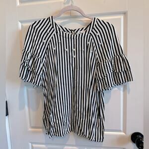 DR2 Stripe Pearl Embellished Ruffle Sleeve Blouse